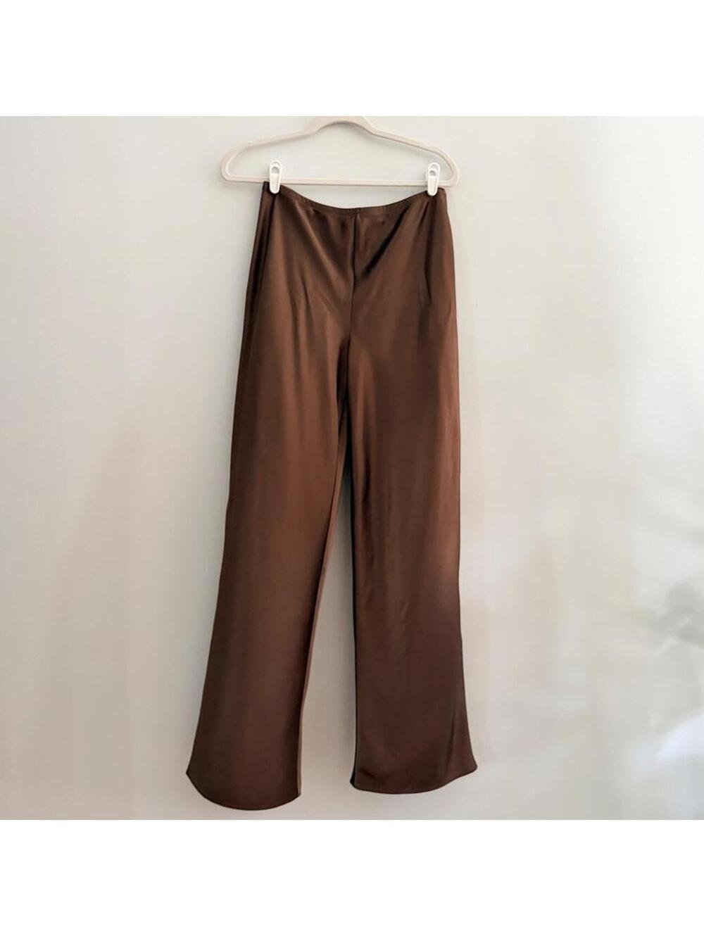 Reformation Gale Satin Mid Rise Bias Pant in Pinecone Brown